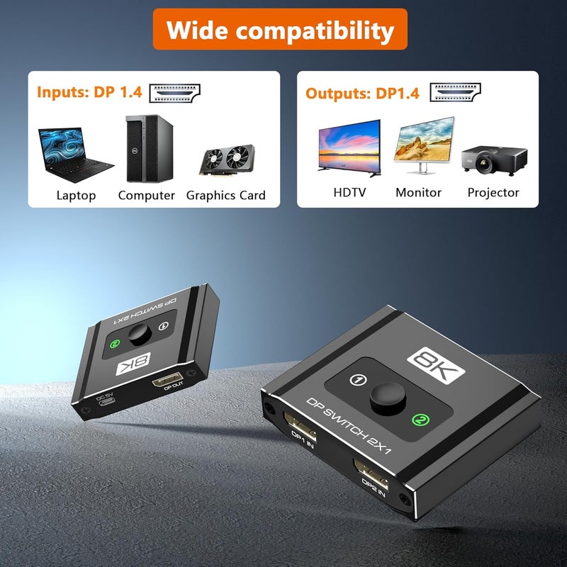 Closs DisplayPort Switch 2 in 1 Out, 8K@60Hz DP 1.4 Switcher Selector Box, Unidirectional Display Port Switcher for Dual PCs & Gaming Consoles, 4K@144Hz DP Switch with DSC Support (DP Cables Not Included) - Image 5
